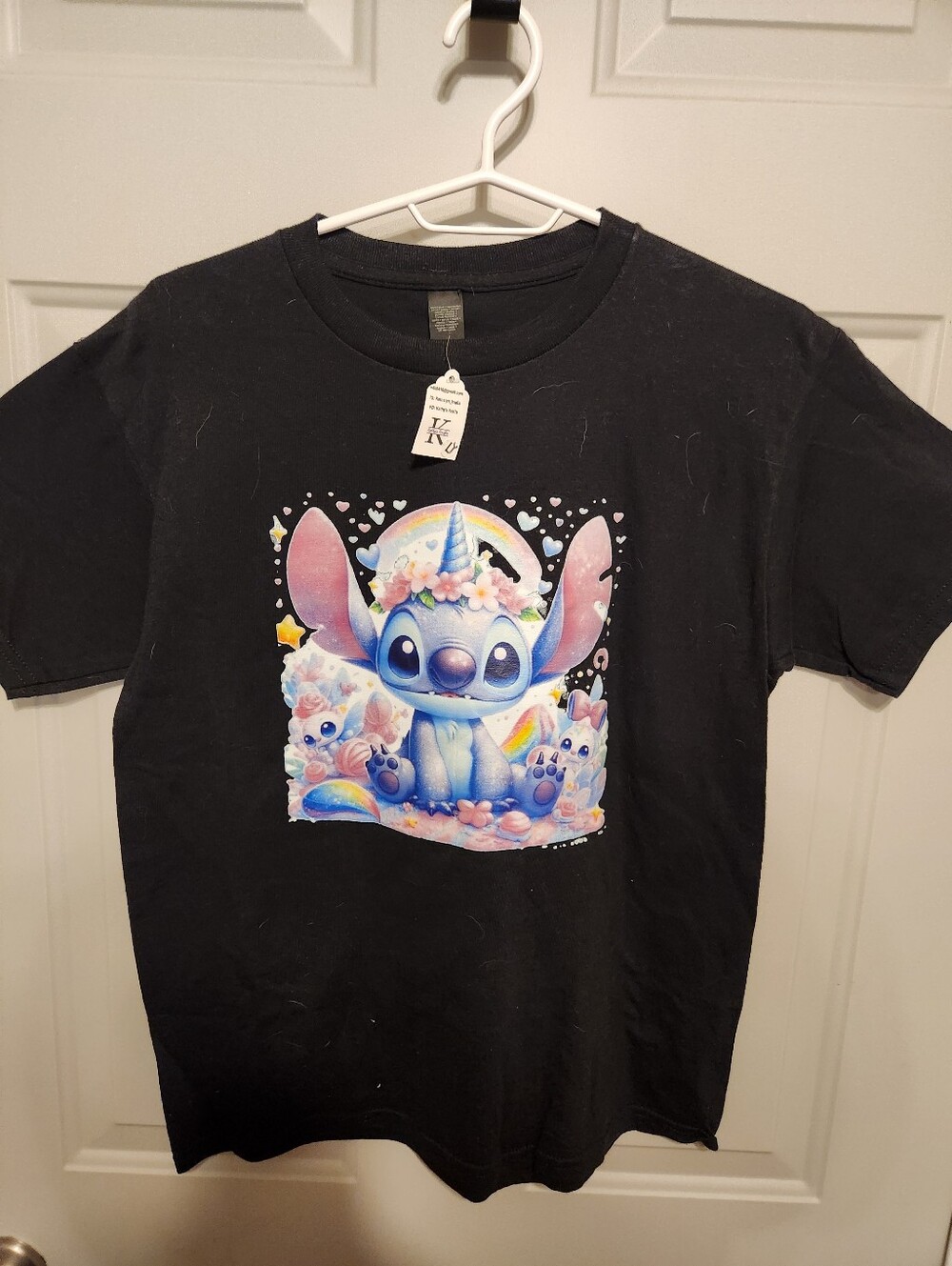 Black Kids Youth Large T-Shirt with Pastel Stitch-Like Alien Character Graphic